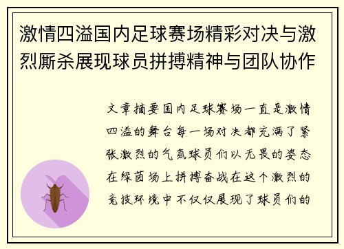 激情四溢国内足球赛场精彩对决与激烈厮杀展现球员拼搏精神与团队协作