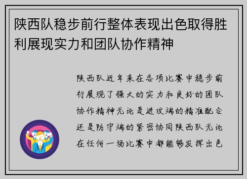 陕西队稳步前行整体表现出色取得胜利展现实力和团队协作精神