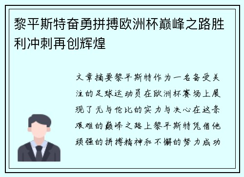 黎平斯特奋勇拼搏欧洲杯巅峰之路胜利冲刺再创辉煌