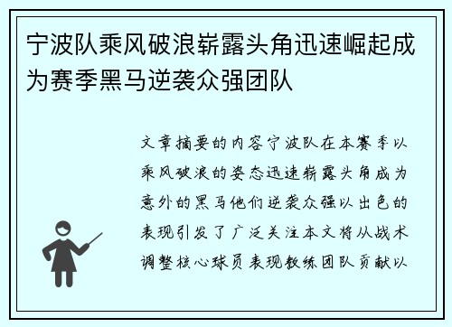 宁波队乘风破浪崭露头角迅速崛起成为赛季黑马逆袭众强团队