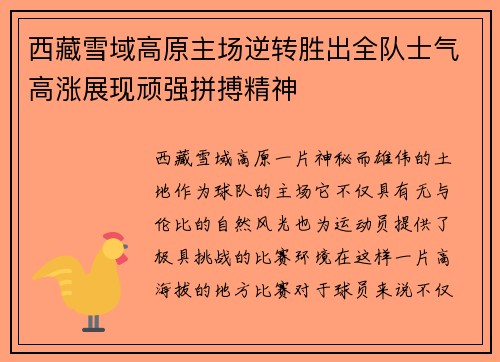 西藏雪域高原主场逆转胜出全队士气高涨展现顽强拼搏精神