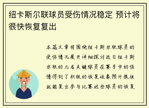 纽卡斯尔联球员受伤情况稳定 预计将很快恢复复出