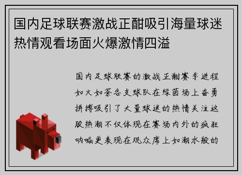 国内足球联赛激战正酣吸引海量球迷热情观看场面火爆激情四溢